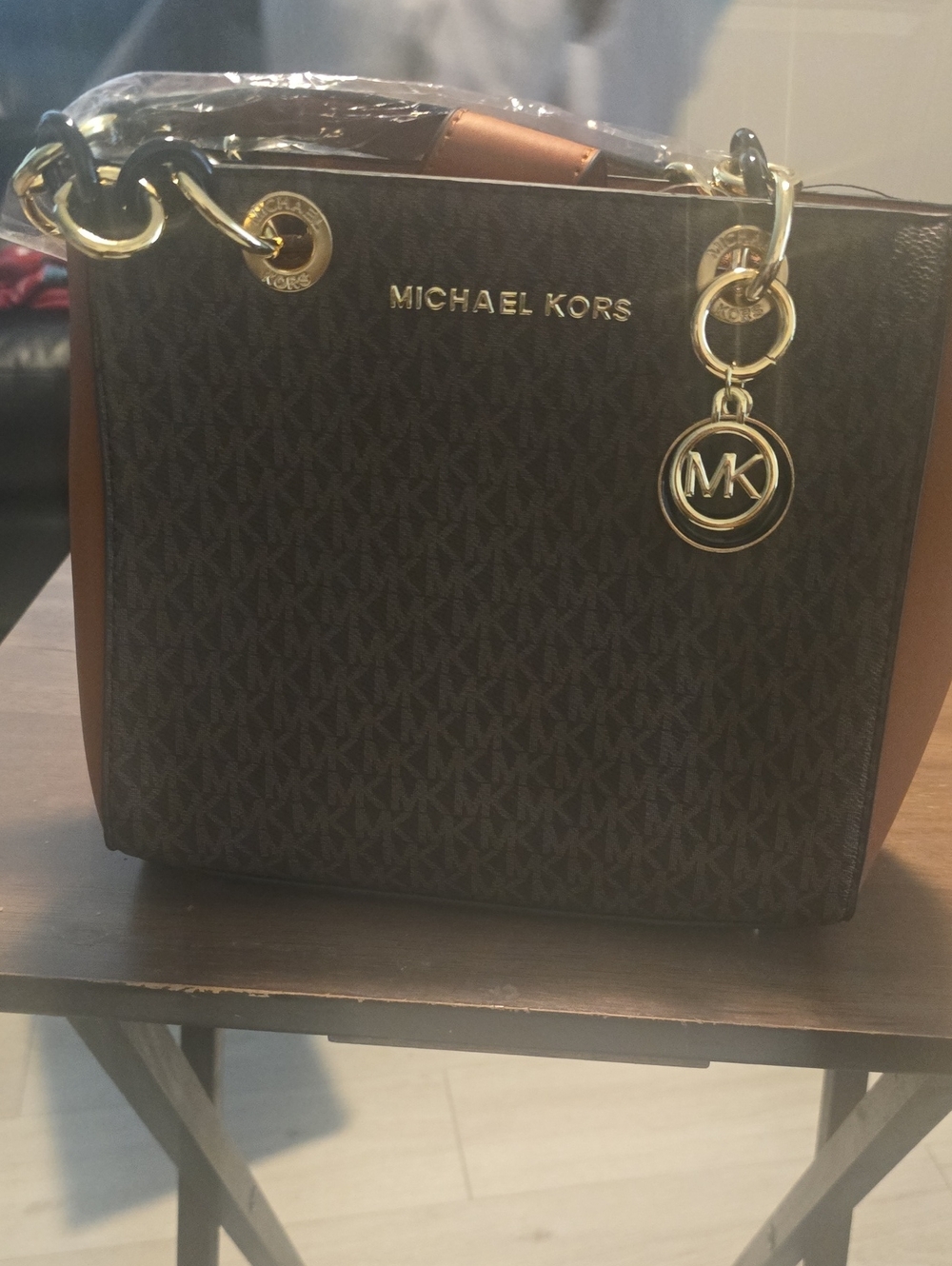 Michael Kors Dark Brown MK Logo Tote with Tan Sides and Gold Accents